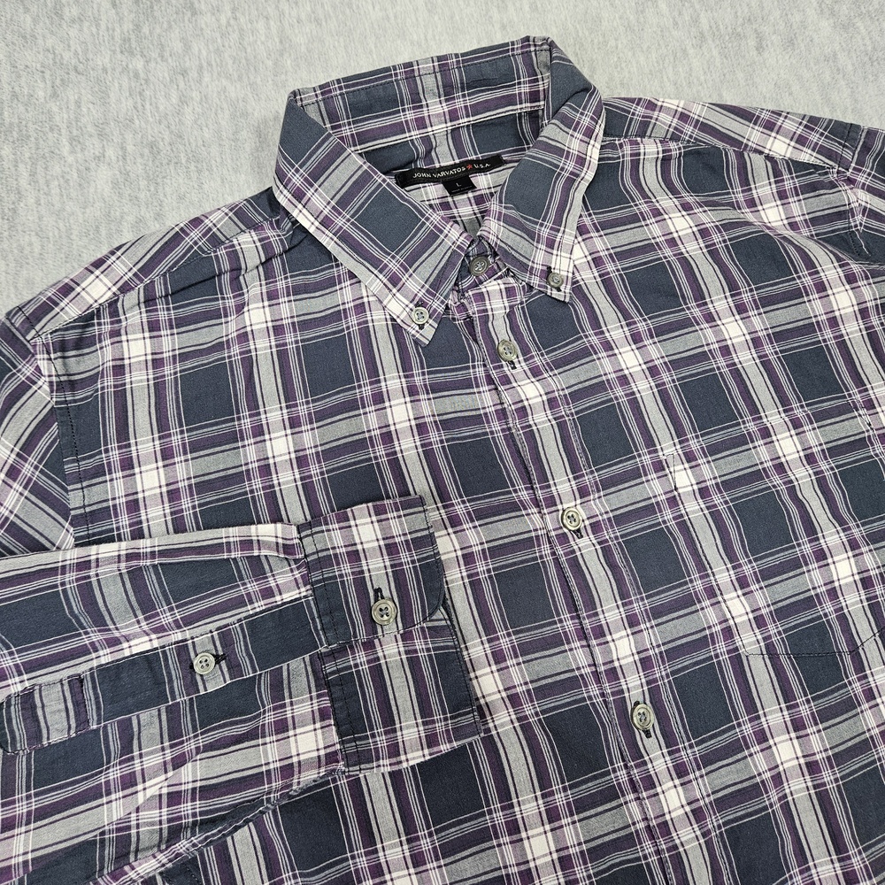 John Varvatos Shirt Mens Large Gray Purple Plaid Button Down Long Sleeve Casual